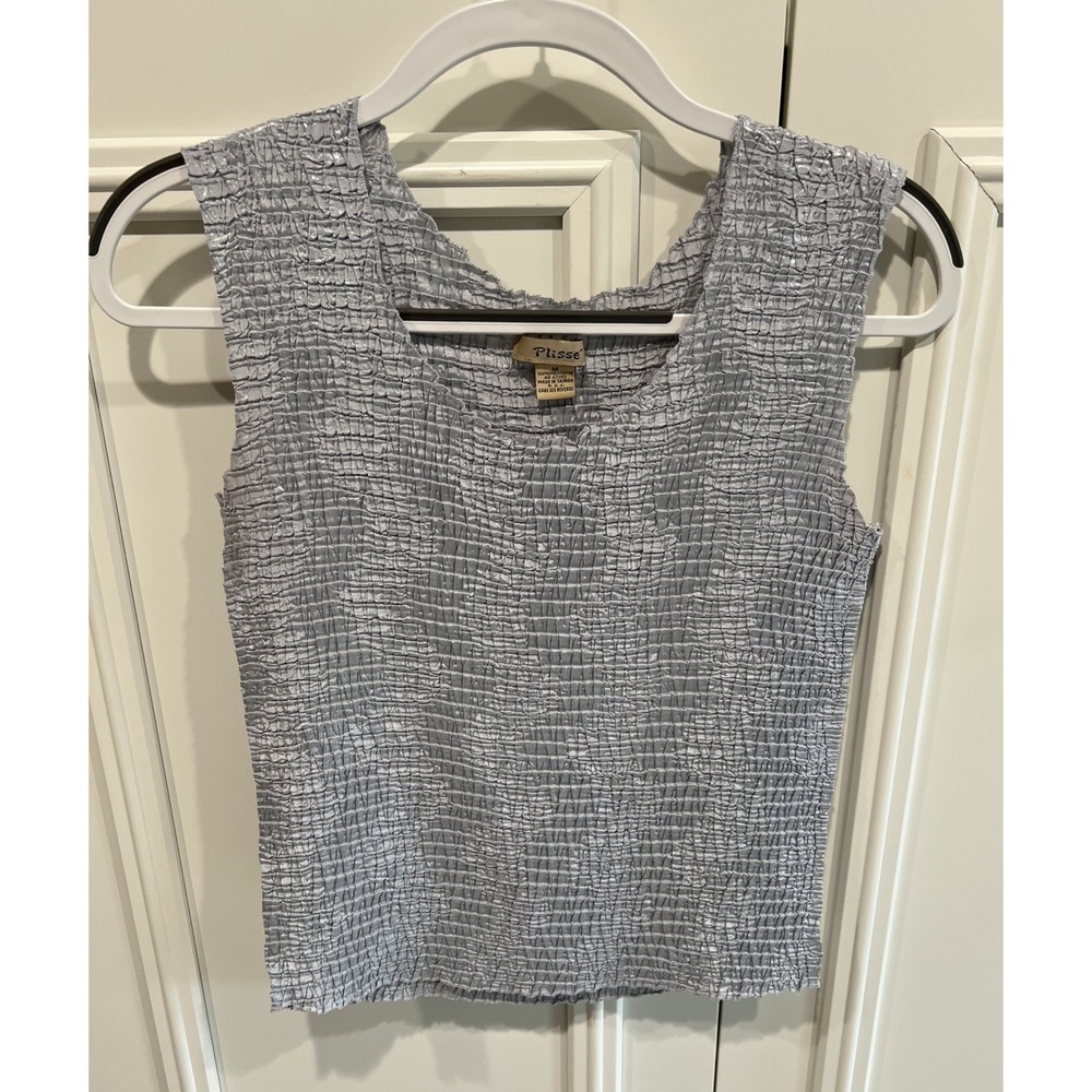 Vintage Plisse Silver Gray Crinkle‎ Top Layering Tank 90s Y2K Stretchy